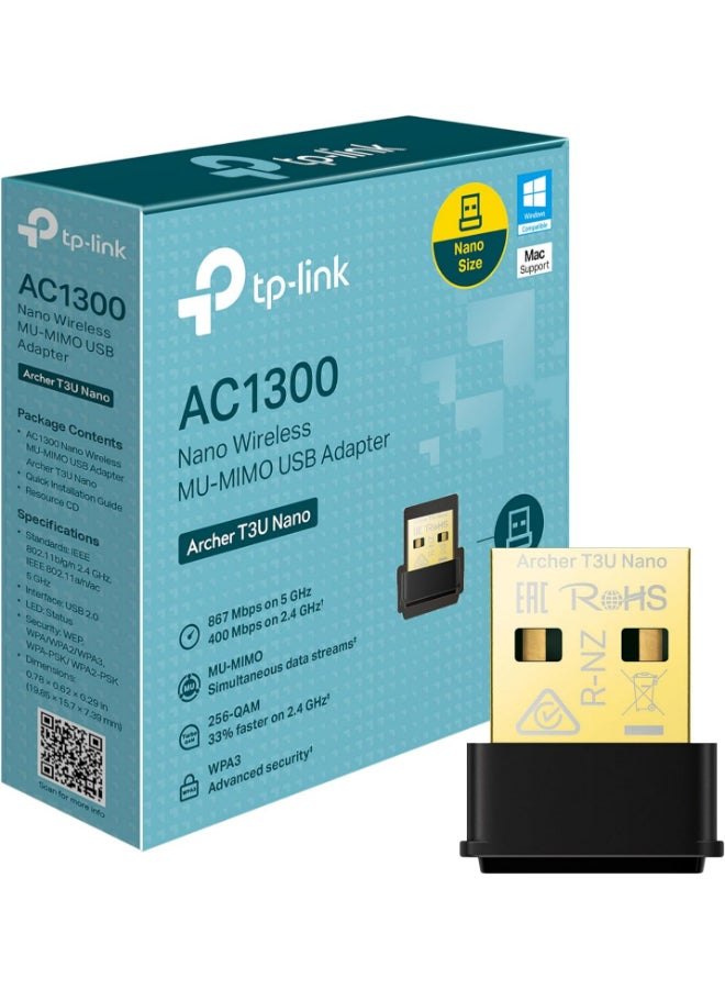 تي بي لينك محول USB 2.0 لاسلكي AC1300 Nano MU-MIMO ثنائي النطاق بتصميم مصغر يدعم Windows 10/8.1/8/7 وMac OS 10.15 والإصدارات الأقدم وWPA3 عالي الأمان والإعداد السهل (Archer T3U Nano) - Image 1