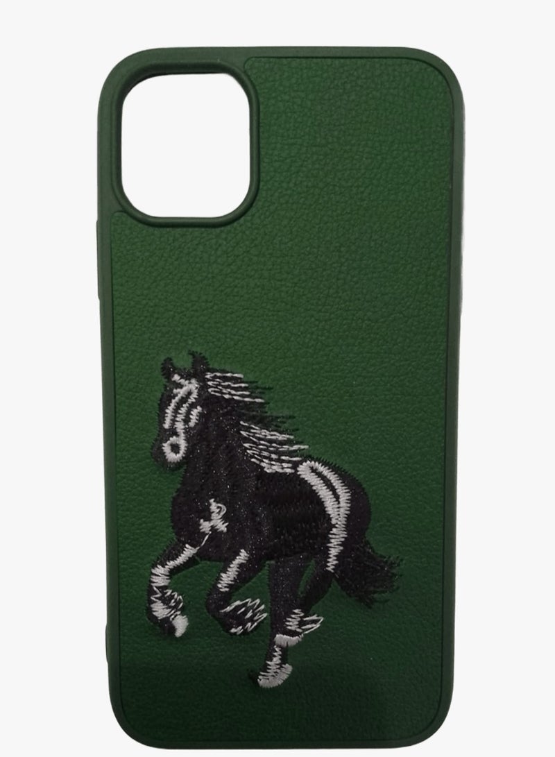 كيس جراب هاتف مضاد للصدمات بتصميم تطريز حصان لهاتف آيفون 12\ 12برو باللون الاخضر