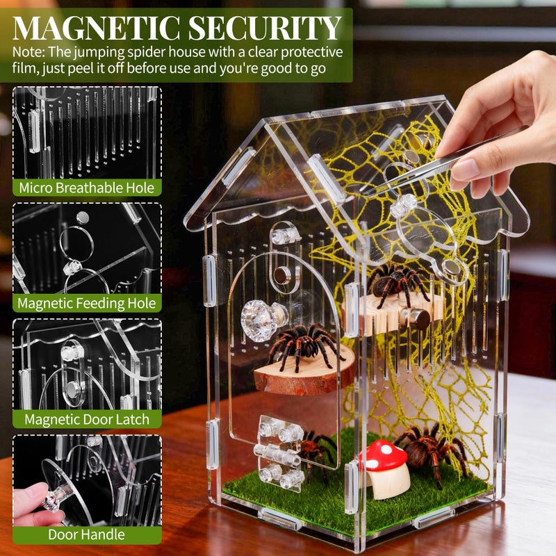 Hysagtek Jumping Spider Enclosure, Acrylic Arboreal Tarantula Enclosure Small Reptile Terrarium with Magnetic Door, Clear Jumping Spider Enclosure Accessories - Image 4