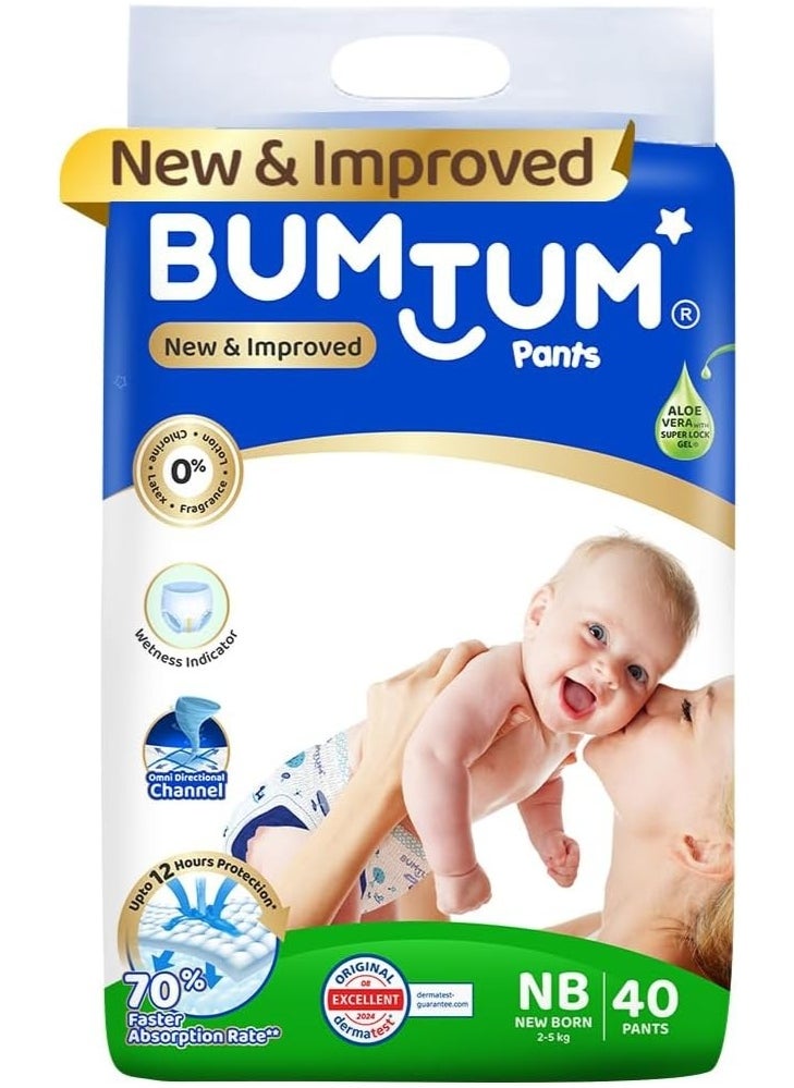 Bumtum Bumtum Baby Diaper Pants, Newborn (Size 1), 2-5 kg, Double Layer Leakage Protection Infused With Aloe Vera, Cottony Soft High Absorb Technology, 40 Diaper  - Image 1