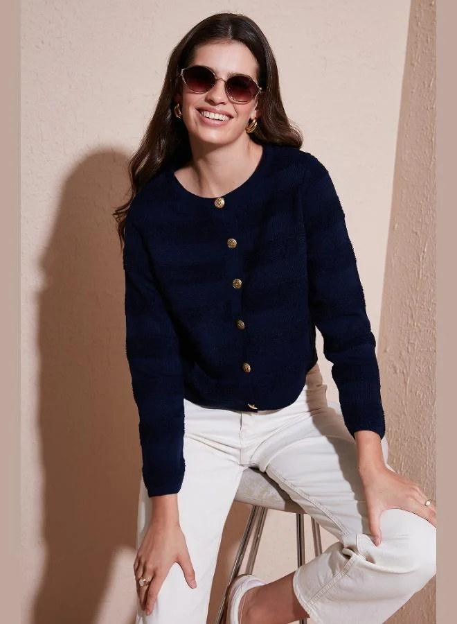 Lela Lela Premium Regular Fit Crew Neck Buttoned Textured Knitwear Cardigan Women's CARDIGAN 680HI00337