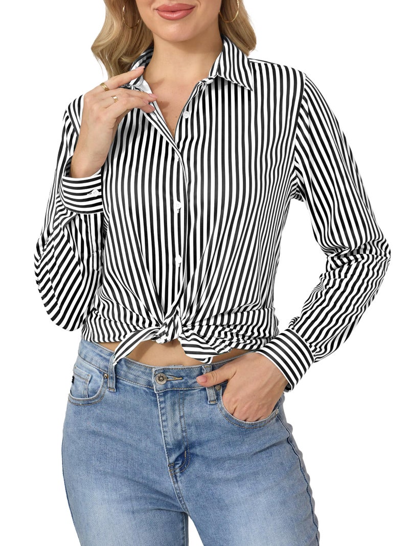 COUXILY Striped Button Down Shirts Business Casual Outfits for Women Dress Long Sleeve Silk Shirt Formal Blouses Collared Office Work Dressy Up Tops Blouse Wrinkle Free Black and White Size S - Image 4