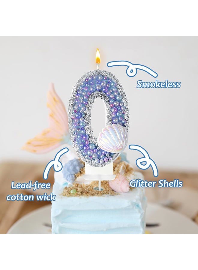 laackys Birthday Candles, Pink Shell Sequins Blue Purple Pearl Boy Girl Birthday Cake for Mermaid Birthday Theme Birthday Decorations Candle Party Supplies Number 0 Candle - Image 4