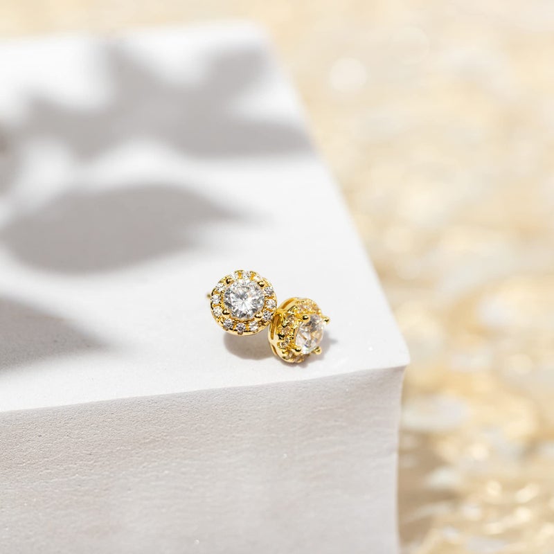 PAVOI 14K Gold Plated Sterling Silver Post Round Halo Cubic Zirconia Stud Earrings in Yellow Gold - Image 3