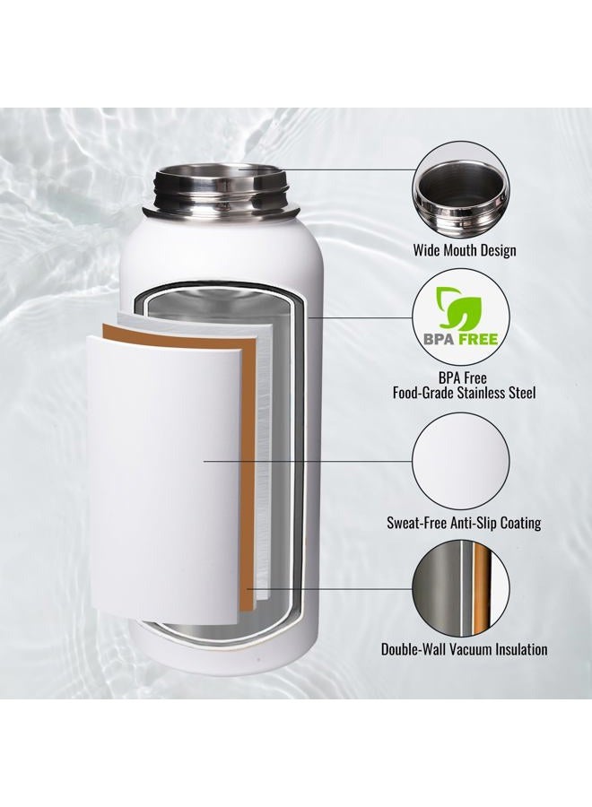 Fijinhom 32oz Stainless Steel Insulated Water Bottle, Double Wall Vacuum Sports Water Bottle, Leak Proof Water Bottle with Handle and Wide Mouth, BPA Free, Keep Cold and Hot, White 32oz - Image 3