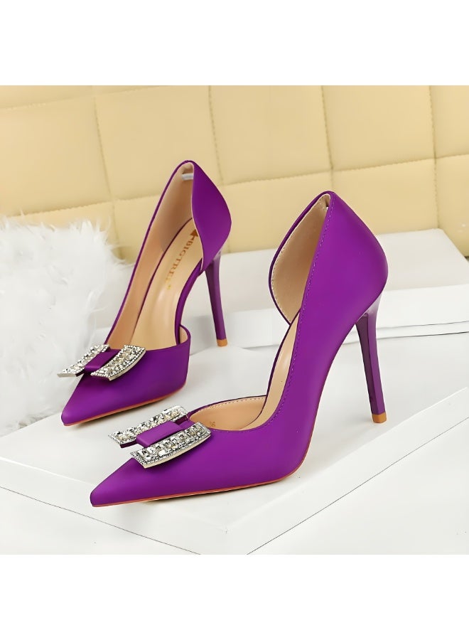 بيج تري المضخات النسائية مغلقة أشارت إصبع القدم الكعب العالي الحزب فستان الأحذية الأرجواني الداكن 10CM - Image 1