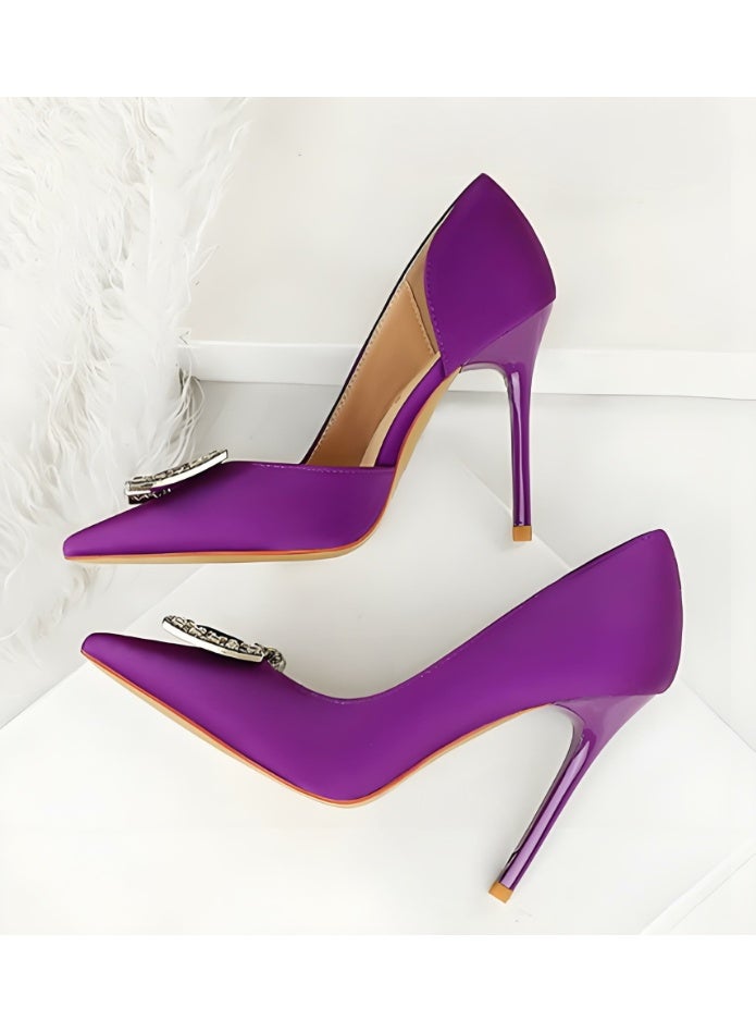 بيج تري المضخات النسائية مغلقة أشارت إصبع القدم الكعب العالي الحزب فستان الأحذية الأرجواني الداكن 10CM - Image 3