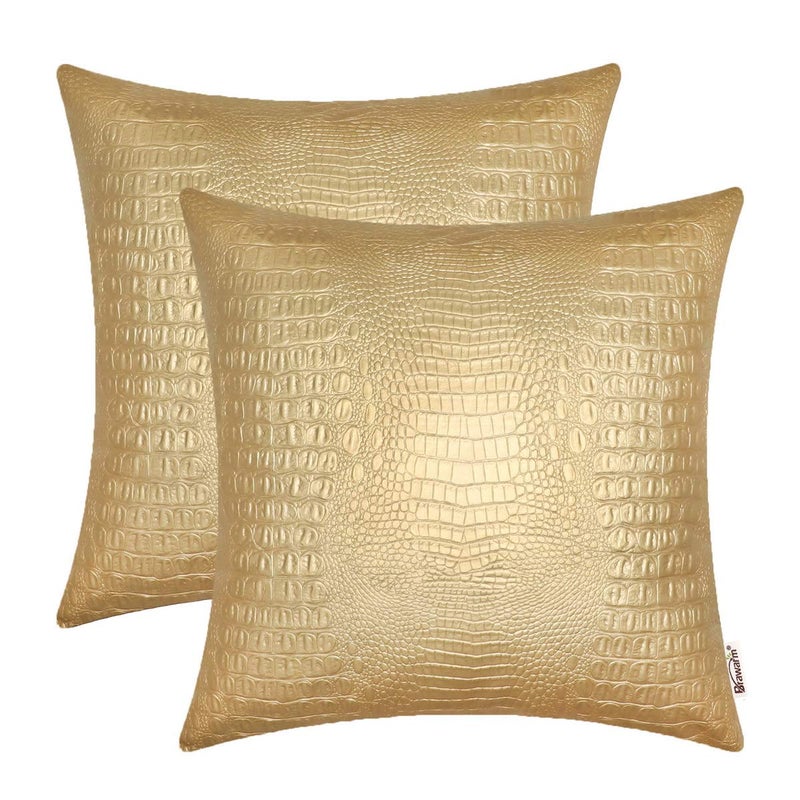 BRAWARM Faux Leather Pillow Covers 18 X 18 Inches, Gold Leather Pillow Covers Pack of 2, Crocodile Leather Decorative Throw Pillows for Living Room Couch Bed Sofa Home - Image 1