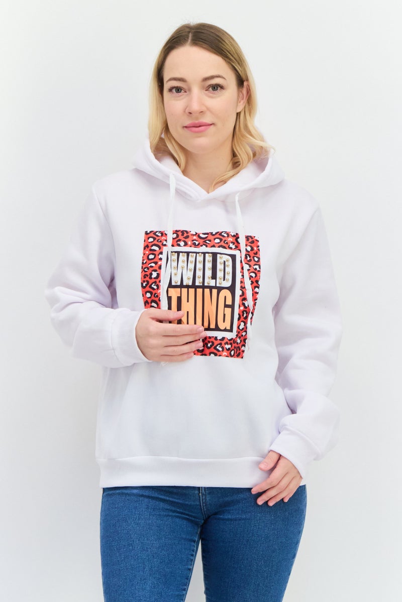 Buzz هودي نسائي بطباعة جرافيك بأكمام طويلة، أبيض - Image 1