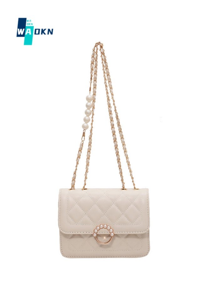 WAOKN - New Fashion Pearl Chain Women's Multifunctional Shoulder Bag, PU Leather Retro Classic Women's Handbag with Chain Crossbody Bag (White) - Image 1