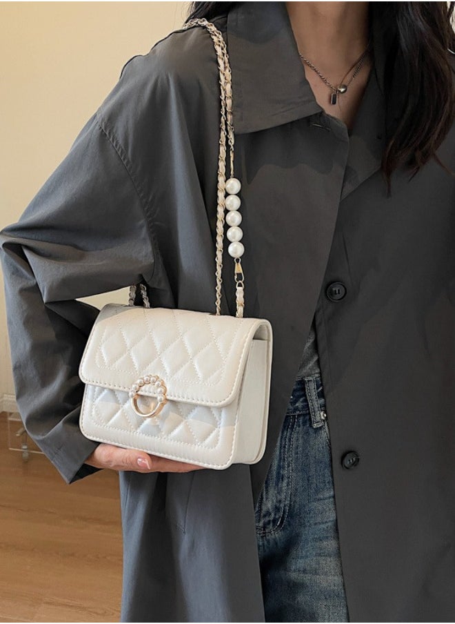 WAOKN - New Fashion Pearl Chain Women's Multifunctional Shoulder Bag, PU Leather Retro Classic Women's Handbag with Chain Crossbody Bag (White) - Image 1