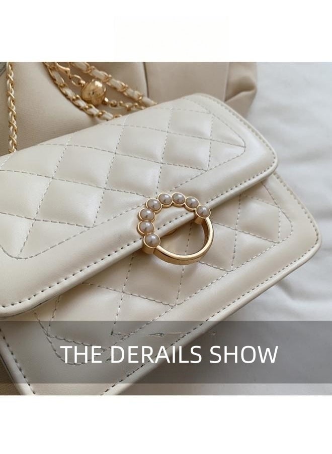 WAOKN - New Fashion Pearl Chain Women's Multifunctional Shoulder Bag, PU Leather Retro Classic Women's Handbag with Chain Crossbody Bag (White) - Image 1