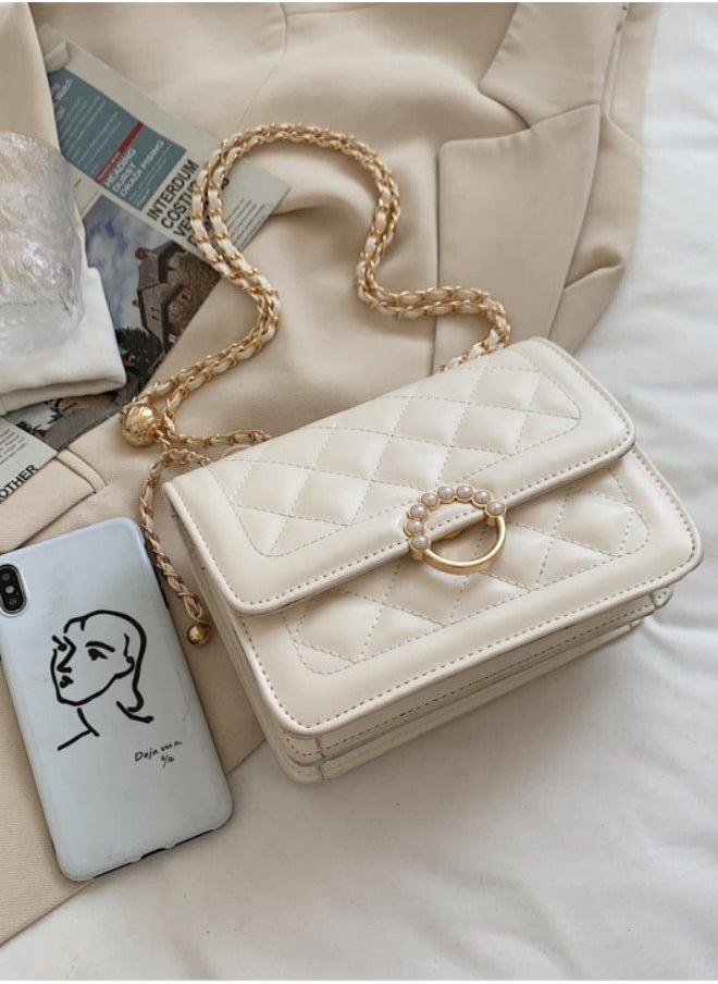 WAOKN - New Fashion Pearl Chain Women's Multifunctional Shoulder Bag, PU Leather Retro Classic Women's Handbag with Chain Crossbody Bag (White) - Image 1