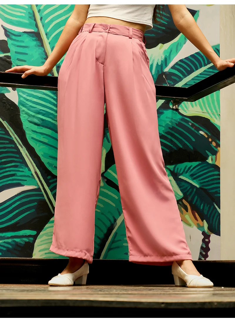 PINACOLADA Women's Salmon Pink Straight Fit Tailored Trousers