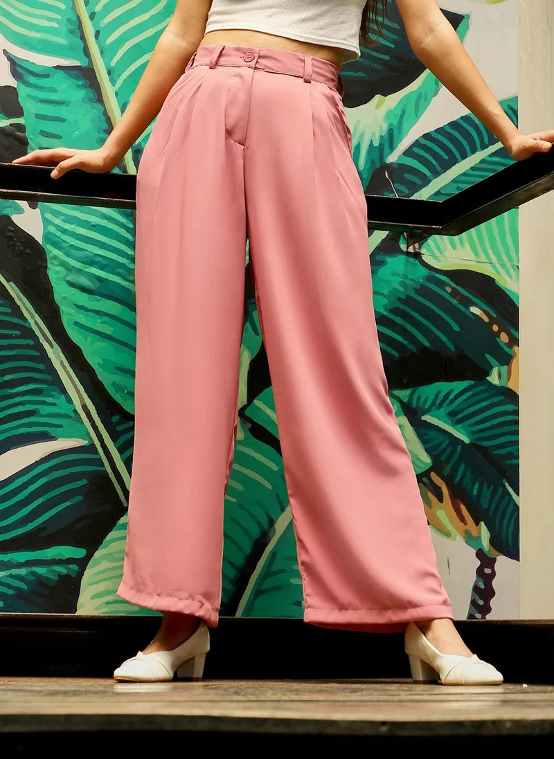 PINACOLADA Women's Salmon Pink Straight Fit Tailored Trousers