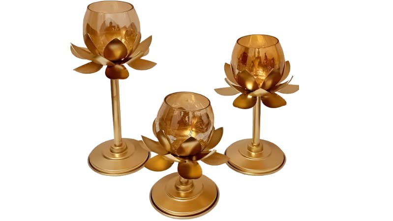 The Decor Affair The Decor Affair Set of 3 Golden Metal Lotus Flower Tealight Candle Holder Stand Votive Candle Holder Stand Lotus Leaves Candle Holder for Homes Diwali Hotels Decoretion Metallic Gold Finishing 