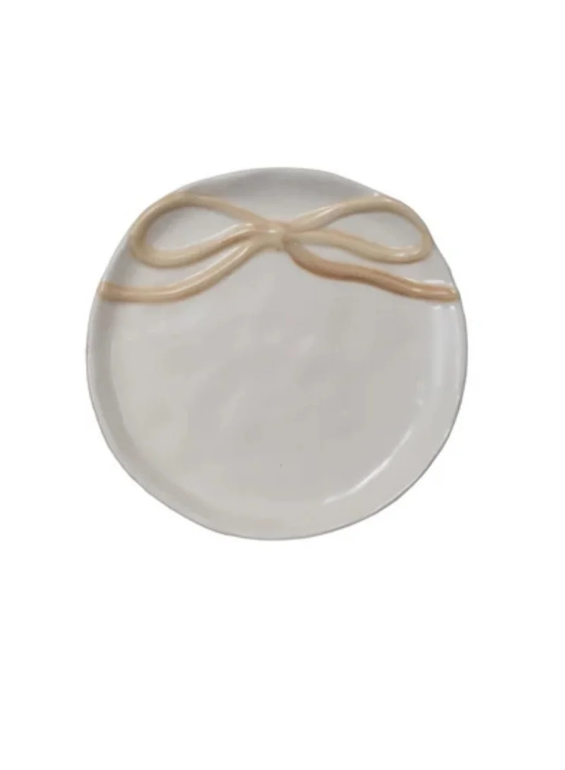 The Saffron Souk Stoneware Trinket Dish with Bow- Beige
