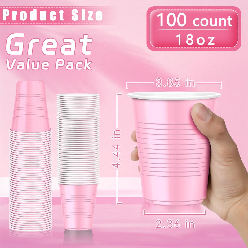 Dualshine 100 Pack Pink Plastic Cups 18 oz  Disposable Heavy Duty Drinking Cups for Party  Graduation Shot Cup for Wedding Birthday Valentine's Day Beer Serving Snack Sample Barbecues - Image 2