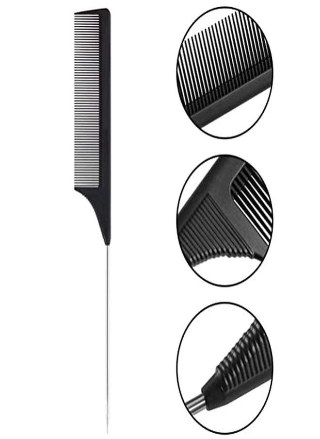 FEEL ME - 1 Pack Professional Carbon Steel Tail Combs Heat Resistant With Metal Pick, Anti Static Black Styling Tail Hair Comb Fine Teeth, Metal Pintail Teasing Comb Brush - Image 1