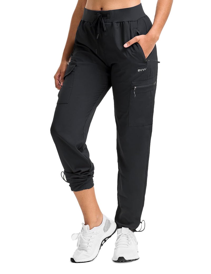 BVVU Womens Hiking Pants Lightweight Quick Dry Travel Outdoor Pants Waterproof Work Cargo Joggers with Zipper Pockets Black