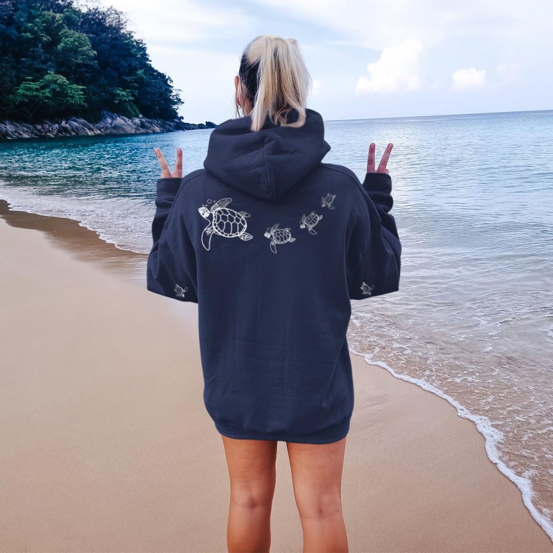 Lubpow Cute Sea Turtle Hoodies for Women Oversized Ocean Hoodie Aesthetic Graphic Sweatshirts Casual Fleece Pullover Tops(Navy Blue,2XL) - Image 5