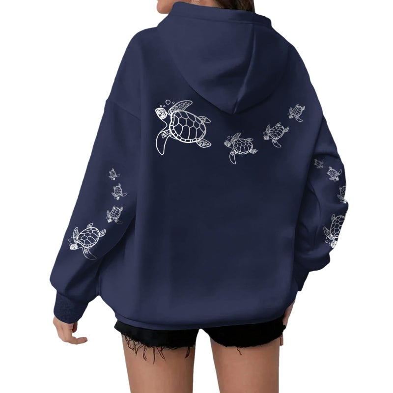 Lubpow Cute Sea Turtle Hoodies for Women Oversized Ocean Hoodie Aesthetic Graphic Sweatshirts Casual Fleece Pullover Tops(Navy Blue,2XL) - Image 1