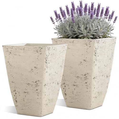 Ultym 19" H Country White Square Planters for Outdoor Plants, Set of 2 Large Flower Pot with Drainage Hole, Weather-Resistant for Porch,Garden, Patio or Indoor Use - Image 1