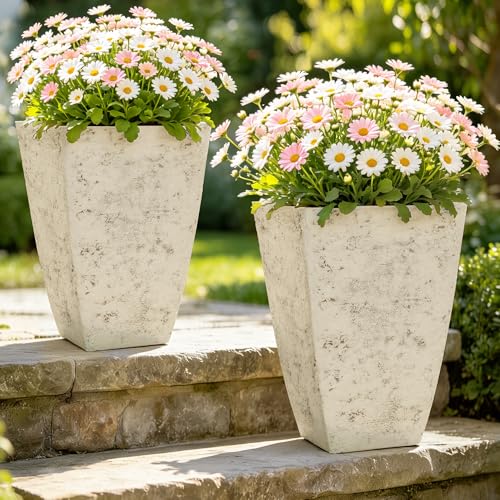 Ultym 19" H Country White Square Planters for Outdoor Plants, Set of 2 Large Flower Pot with Drainage Hole, Weather-Resistant for Porch,Garden, Patio or Indoor Use - Image 3