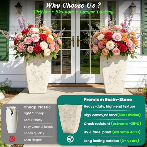 Ultym 19" H Country White Square Planters for Outdoor Plants, Set of 2 Large Flower Pot with Drainage Hole, Weather-Resistant for Porch,Garden, Patio or Indoor Use - Image 4