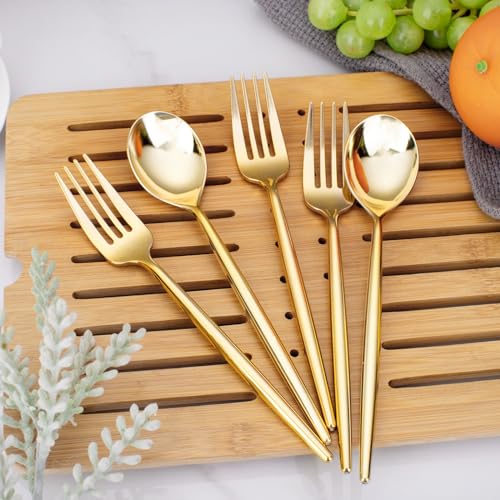 SUT 200PCS Gold Plastic Forks and Spoons Heavy Duty Set, Gold Disposable Silverware, gold Cutlery, Disposable Utensils, Plastic Flatware Includes 100 Forks, 100 Spoons for Party - Image 3