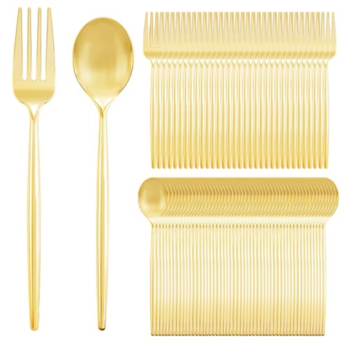 SUT 200PCS Gold Plastic Forks and Spoons Heavy Duty Set, Gold Disposable Silverware, gold Cutlery, Disposable Utensils, Plastic Flatware Includes 100 Forks, 100 Spoons for Party - Image 1