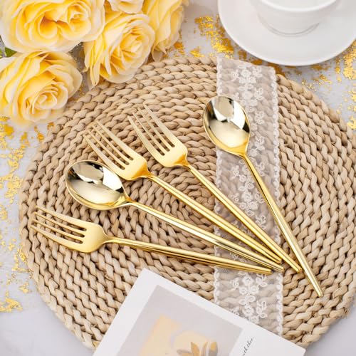 SUT 200PCS Gold Plastic Forks and Spoons Heavy Duty Set, Gold Disposable Silverware, gold Cutlery, Disposable Utensils, Plastic Flatware Includes 100 Forks, 100 Spoons for Party - Image 4