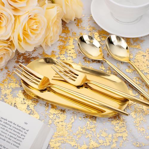 SUT 200PCS Gold Plastic Forks and Spoons Heavy Duty Set, Gold Disposable Silverware, gold Cutlery, Disposable Utensils, Plastic Flatware Includes 100 Forks, 100 Spoons for Party - Image 2