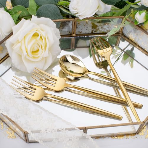 SUT 200PCS Gold Plastic Forks and Spoons Heavy Duty Set, Gold Disposable Silverware, gold Cutlery, Disposable Utensils, Plastic Flatware Includes 100 Forks, 100 Spoons for Party - Image 5