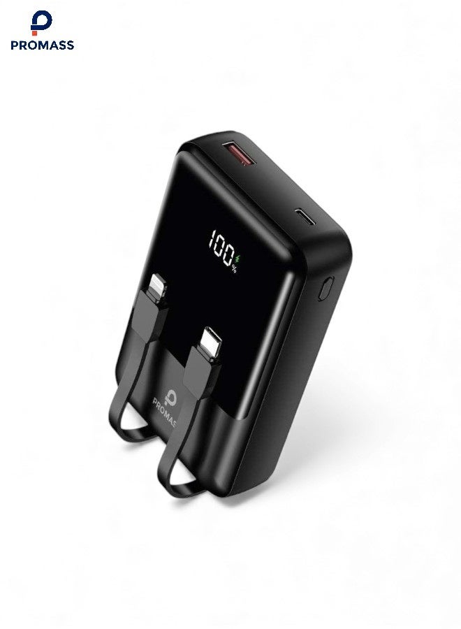 PROMASS 20000mAh Power Bank with built-in USB-C and Lightning cables and an LED display showing battery charge percentage - 22.5W USB-C fast charging for travel. Battery pack with 2 ports and 2 charging ports, ready-made cable. Manufactured to air transport standards and safe for air travel. Compatible with iPhones, Galaxy phones, iPads, and more. - Image 1