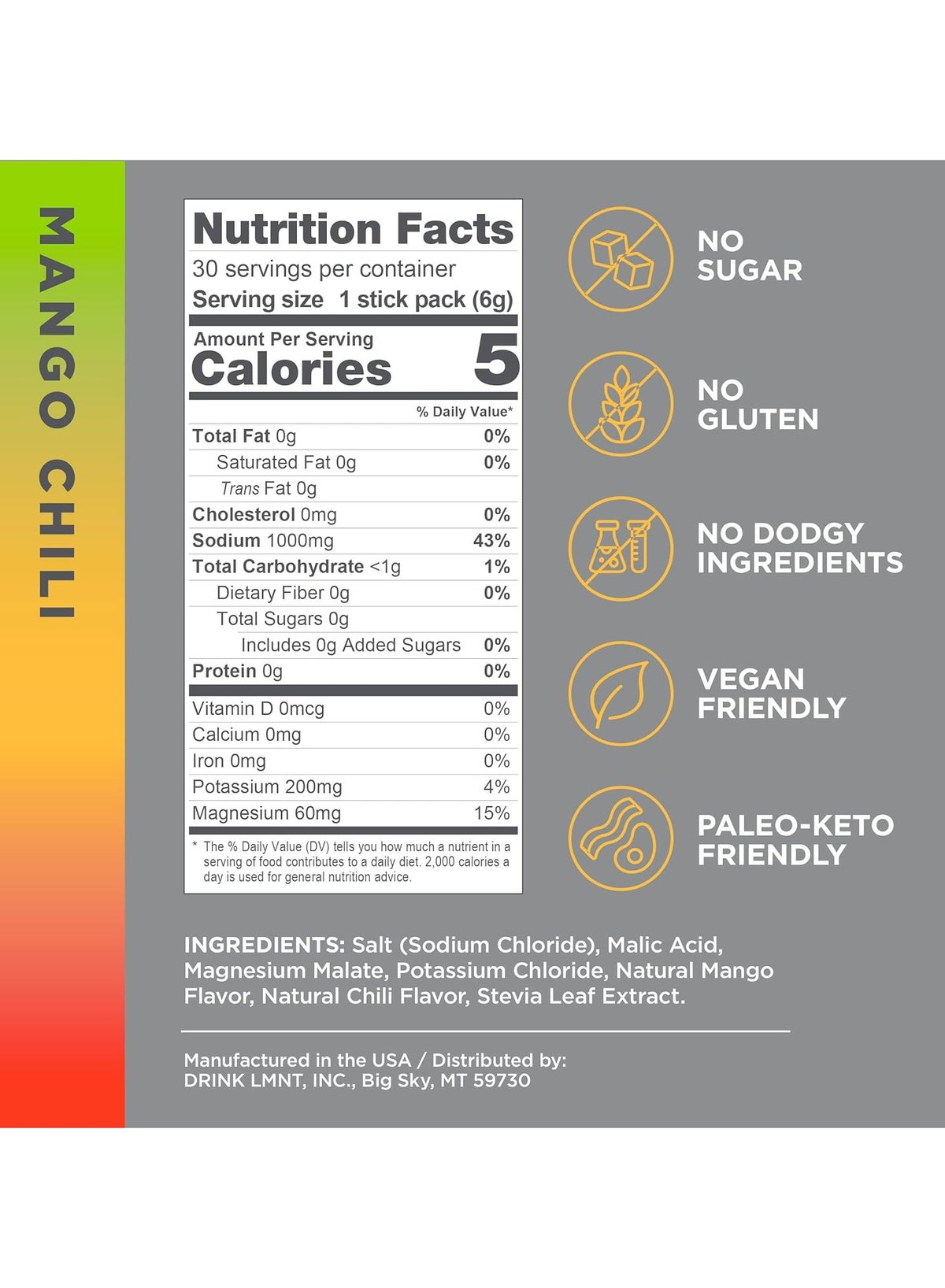 LMNT Mango Chili Electrolyte Drink Mix Sachets 30Pcs