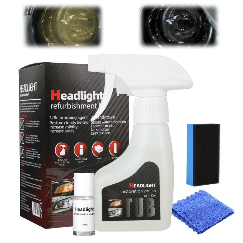 XiuFa Automotive Headlamp Restoration Fluid Kit Car Headlight Cleaner and Restorer Coating Spray Kit Without Sanding or Disassembly Durable Headlight Repair Kit for All Vehicle Types 180ml 1Set - Image 3