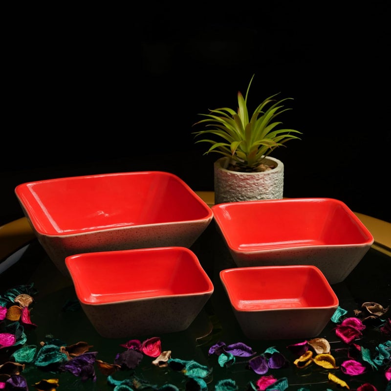 Caffeine Ceramic Handmade Matte Cream Glossy Red Serving Bowl Set of 4 - Image 1