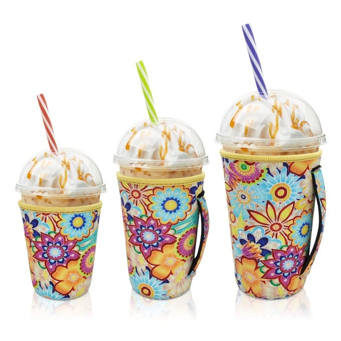 ICED COFFEE SLEEVE INSULATOR SLEEVES FOR COLD DRINKS BEVERAGES 3 PACK REUSABLE NEOPRENE CUP SLEEVE WITH HANDLE FOR 1632OZ COFFEE CUPS BRIGHT FLORAL