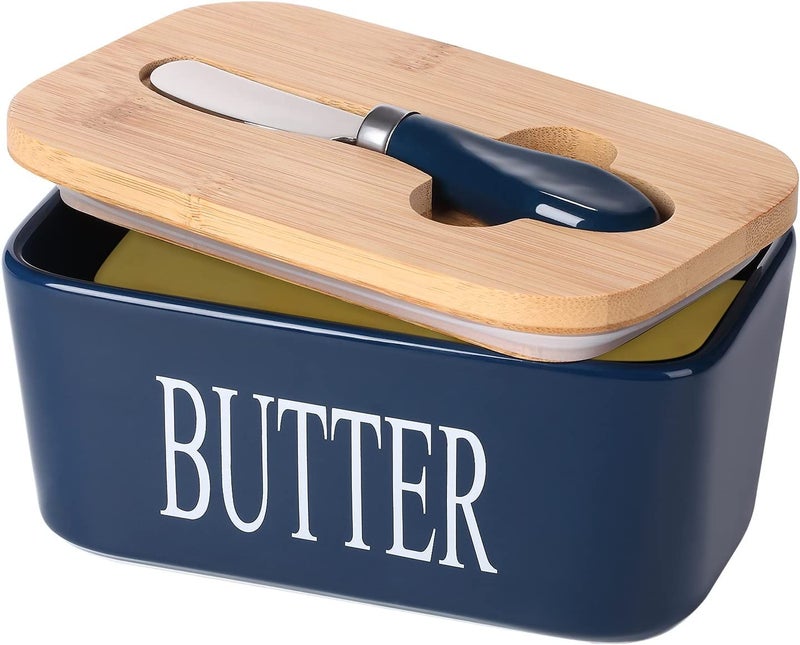COLBEX® Ceramic Butter Dish with Wooden Lid, Large Butter Container Keeper Storage with Stainless Steel Butter Knife Spreader, Bamboo Cover and Silicone Sealing Ring - Image 1