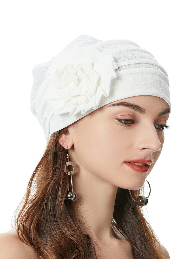 ZLYC قبعة صوفية نسائية من ZLYC مزينة بالزهور، غطاء رأس مرن لعلاج السرطان (أبيض مزهر) - Image 1