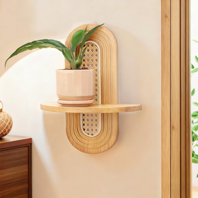 Hongsane Floating Shelves for Wall, Boho Rattan Shelf Set of 2, Unique Small Decorative Shelf Wall-Mounted, Nature Wood Shelves for Living Room,Bedroom,Nursey Room (Natural) - Image 2