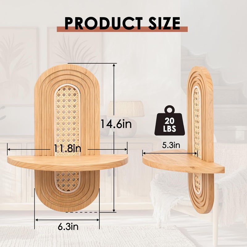 Hongsane Floating Shelves for Wall, Boho Rattan Shelf Set of 2, Unique Small Decorative Shelf Wall-Mounted, Nature Wood Shelves for Living Room,Bedroom,Nursey Room (Natural) - Image 3