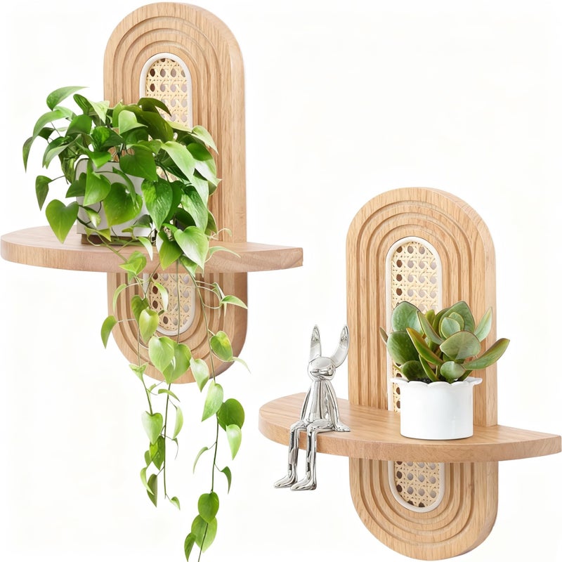 Hongsane Floating Shelves for Wall, Boho Rattan Shelf Set of 2, Unique Small Decorative Shelf Wall-Mounted, Nature Wood Shelves for Living Room,Bedroom,Nursey Room (Natural) - Image 1