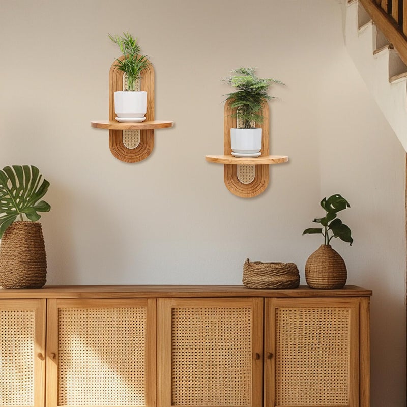 Hongsane Floating Shelves for Wall, Boho Rattan Shelf Set of 2, Unique Small Decorative Shelf Wall-Mounted, Nature Wood Shelves for Living Room,Bedroom,Nursey Room (Natural) - Image 5