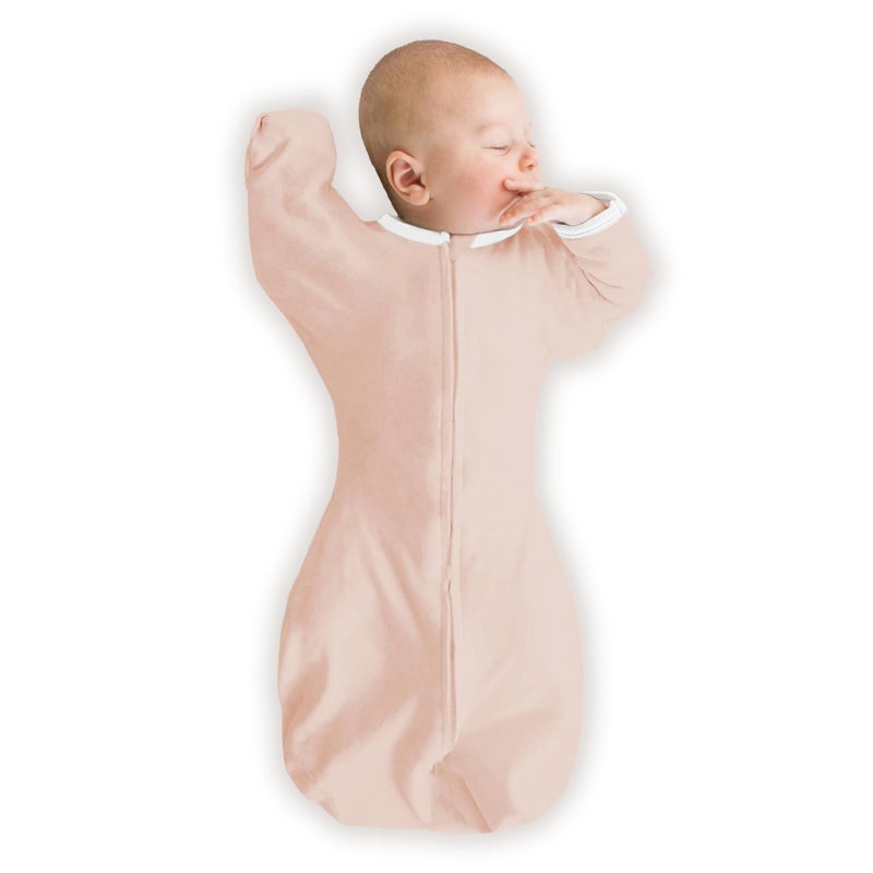 سوادل ديزاينز كيس لفّ انتقالي عضوي من SwaddleDesigns، لفّ للذراعين لأعلى بأكمام نصفية وأساور على شكل قفازات، متوسط، من 3 إلى 6 أشهر، من 14 إلى 21 رطلاً، وردي فاتح - Image 1