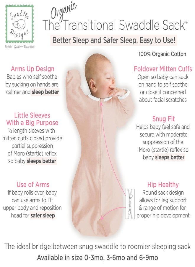 سوادل ديزاينز كيس لفّ انتقالي عضوي من SwaddleDesigns، لفّ للذراعين لأعلى بأكمام نصفية وأساور على شكل قفازات، متوسط، من 3 إلى 6 أشهر، من 14 إلى 21 رطلاً، وردي فاتح - Image 2