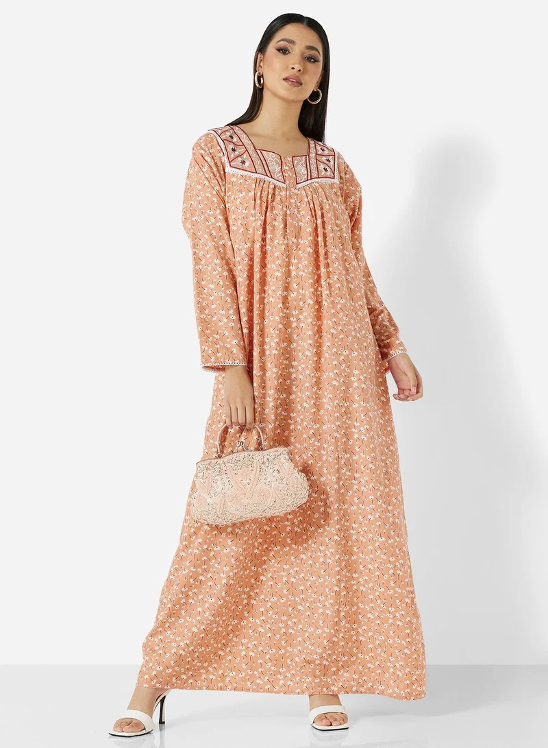 HANA & SARA FLORAL PRINTED JALABIYA WITH UNIQUE THREAD EMBROIDERY