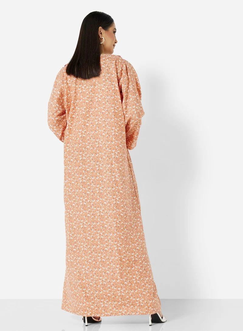 HANA & SARA FLORAL PRINTED JALABIYA WITH UNIQUE THREAD EMBROIDERY