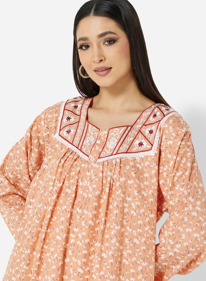 HANA & SARA FLORAL PRINTED JALABIYA WITH UNIQUE THREAD EMBROIDERY